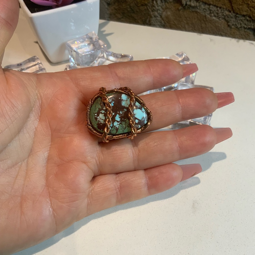 Copper Wire Wrapped Lander Turquoise Ring - image 2